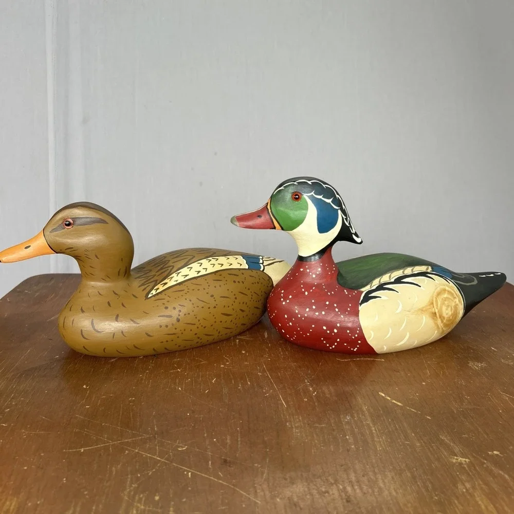 Vintage Hand Carved Wood Duck Decoy Pair Drake Hen Hand Painted Folk Art
